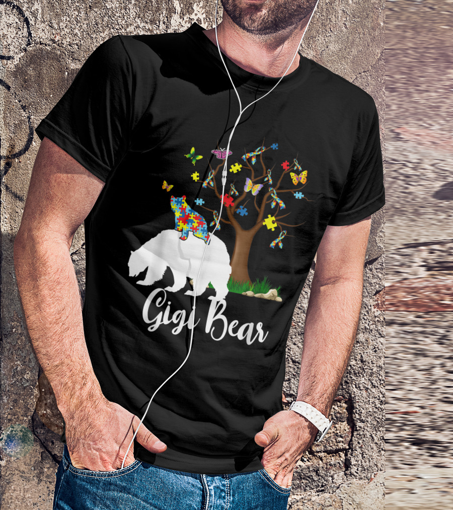 Gigi Bear Autism Awareness Love Support Puzzle Butterflies Tree T-Shirt