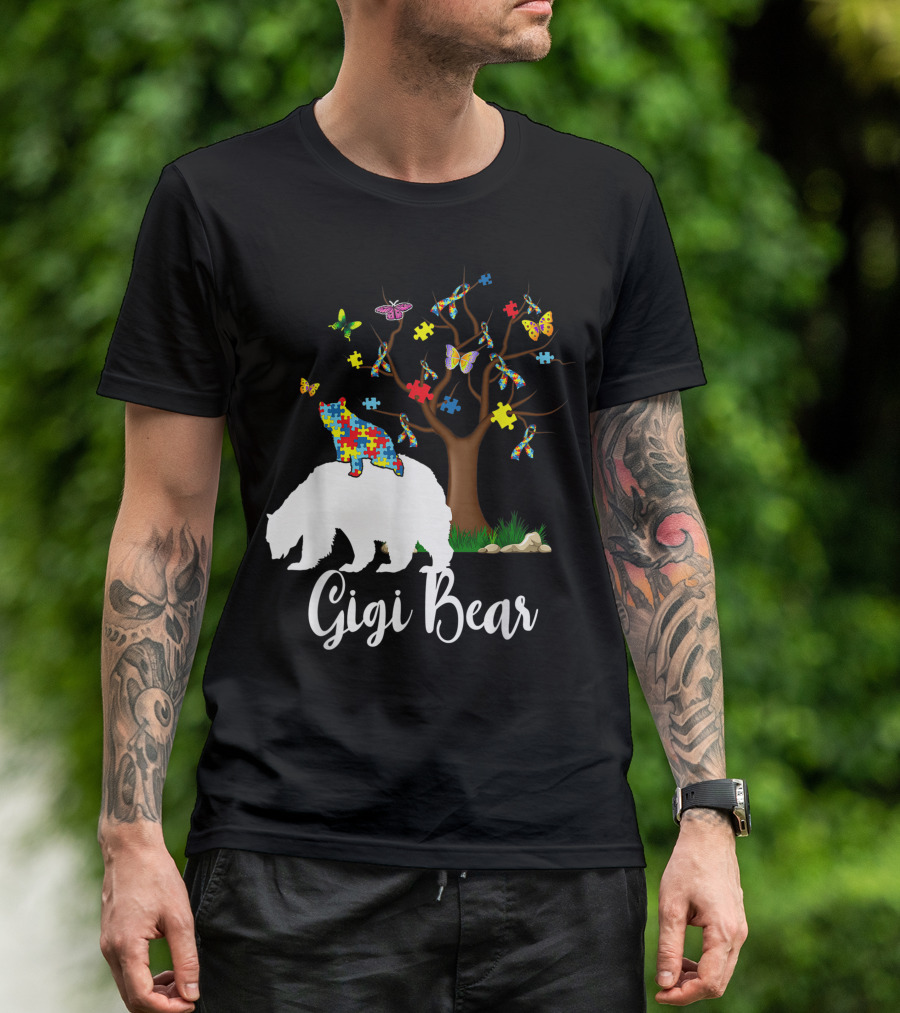Gigi Bear Autism Awareness Love Support Puzzle Butterflies Tree T-Shirt