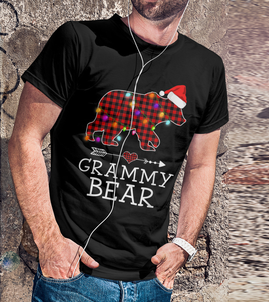 Grammy Bear Christmas Red Plaid Buffalo Family Santa Hat Lights T-Shirt