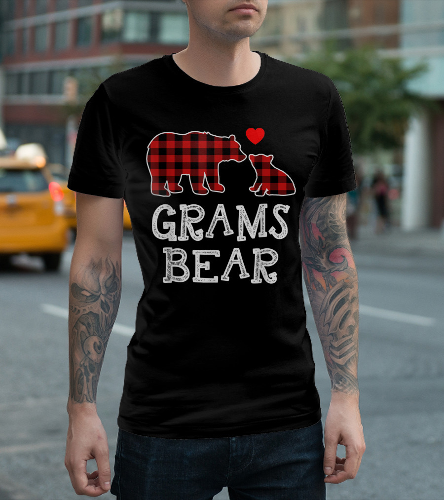 Grams Bear Christmas Red Plaid Buffalo Family Heart T-Shirt