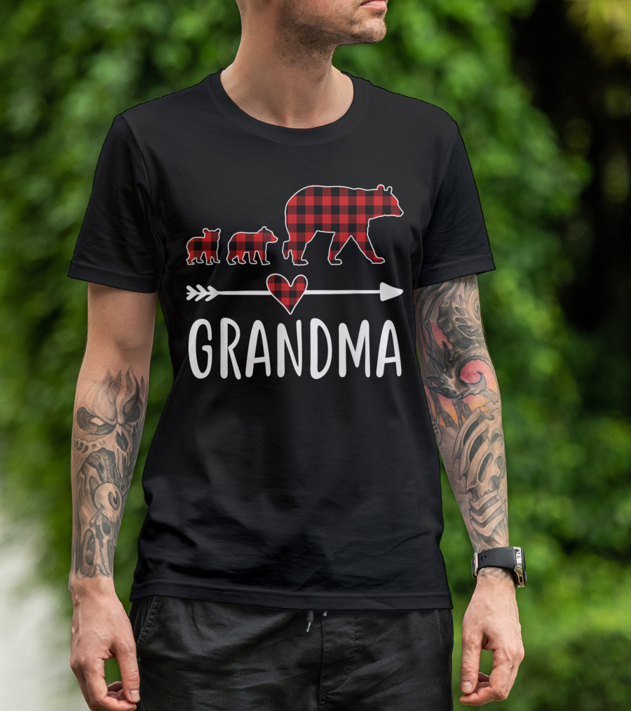 Grandma Bear Two Cubs Red Plaid Heart Arrow T-Shirt