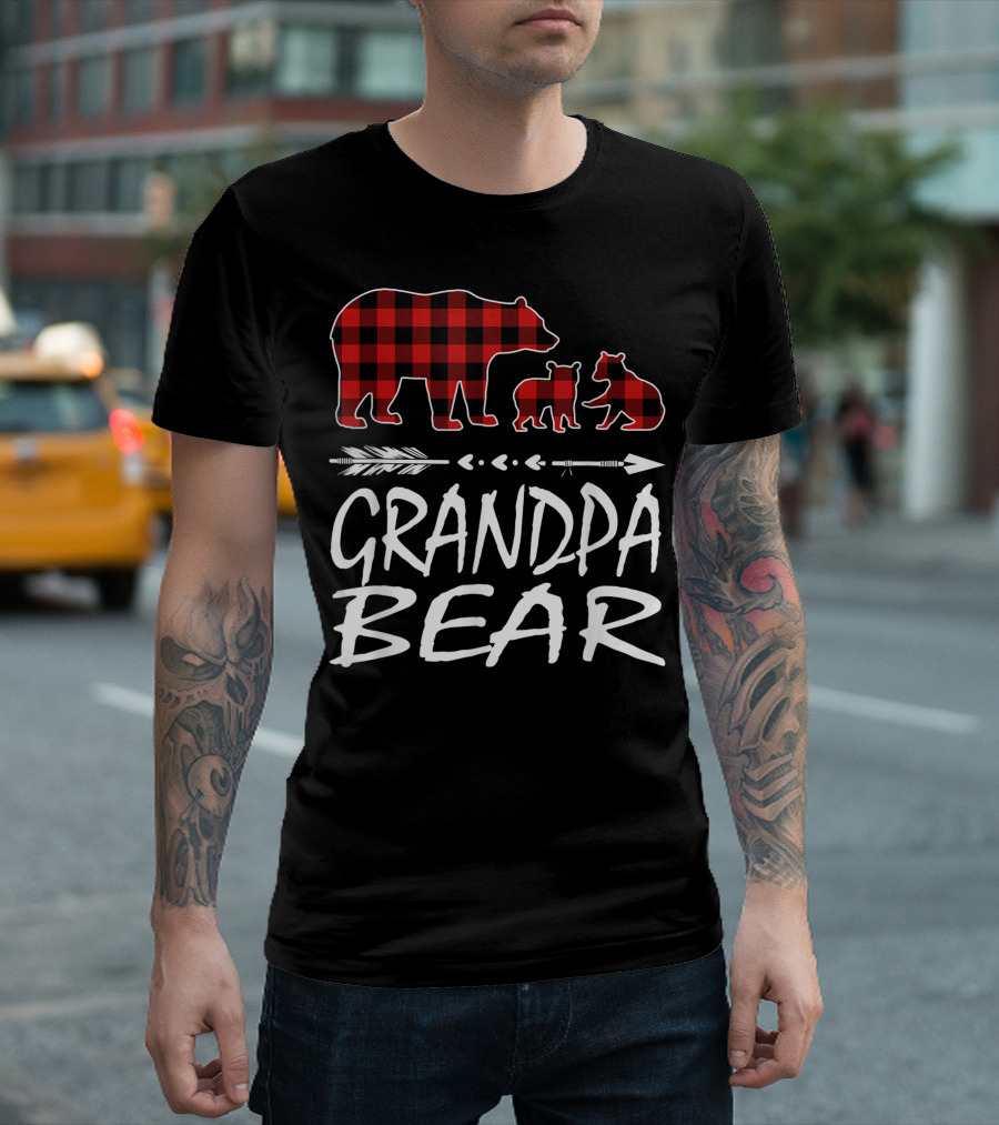 Grandpa Bear Two Cubs Red Plaid Arrow T-Shirt