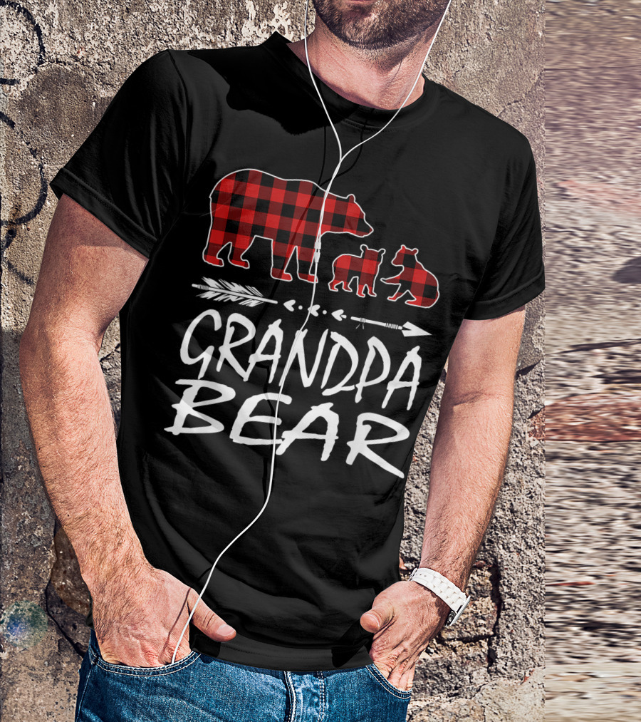 Grandpa Bear Two Cubs Red Plaid Arrow T-Shirt