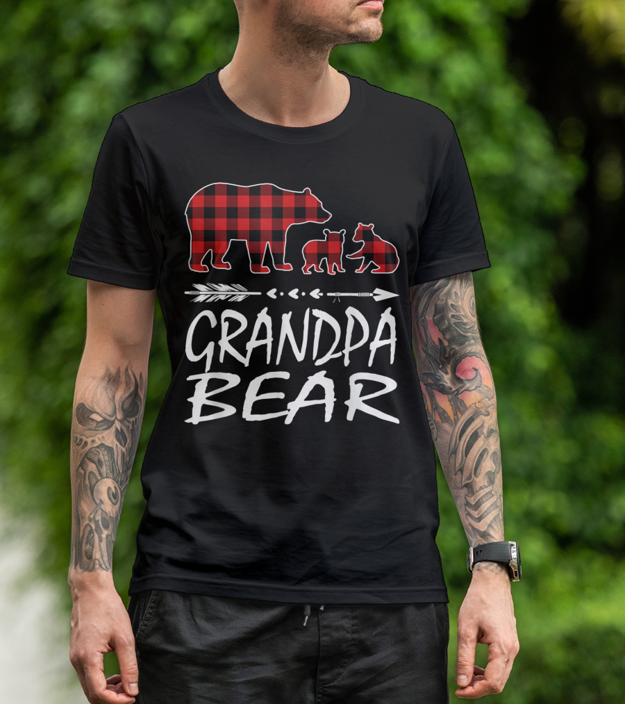 Grandpa Bear Two Cubs Red Plaid Arrow T-Shirt