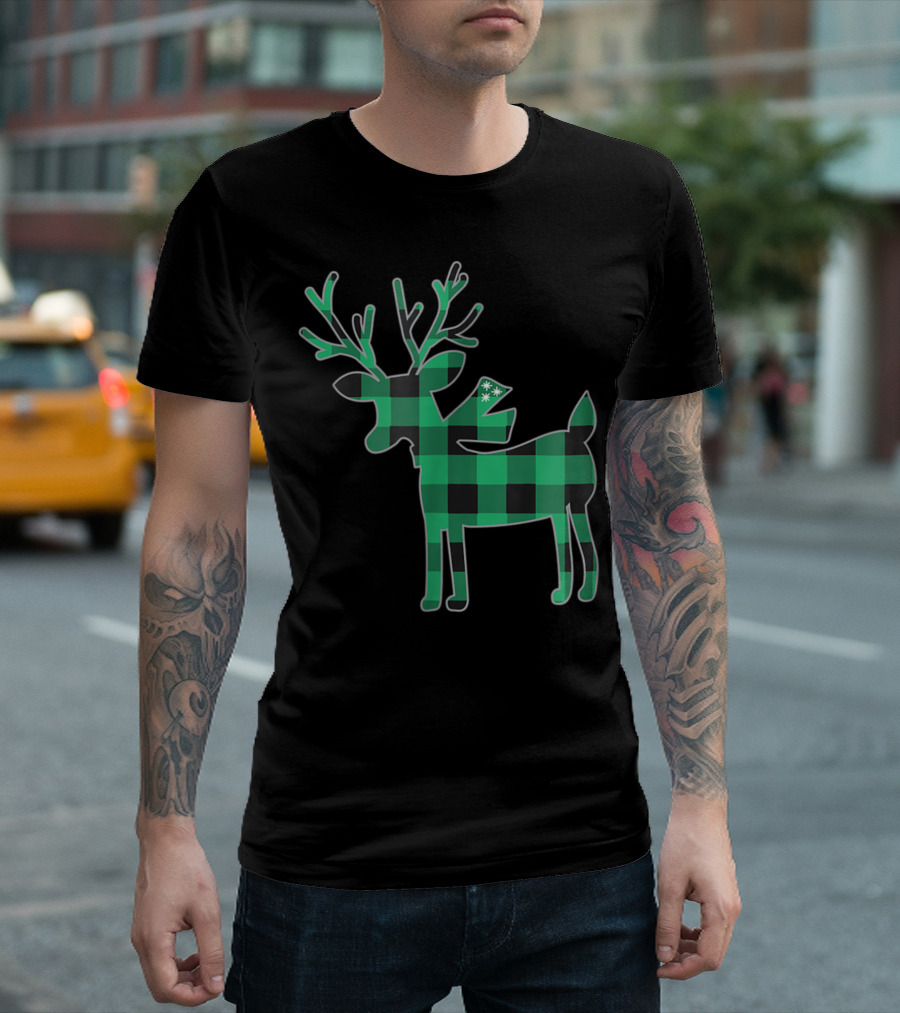 Green Buffalo Plaid Reindeer With Snowflakes Family Matching T-Shirt