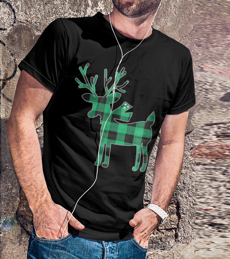 Green Buffalo Plaid Reindeer With Snowflakes Family Matching T-Shirt