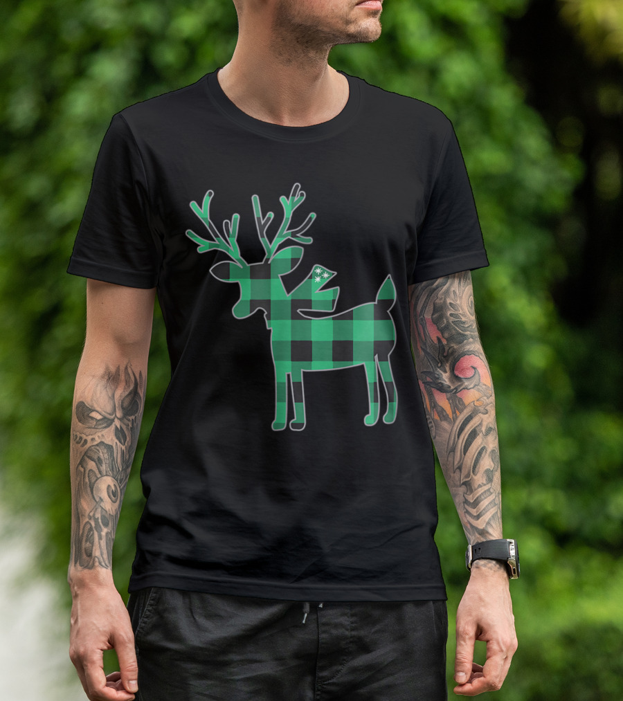 Green Buffalo Plaid Reindeer With Snowflakes Family Matching T-Shirt