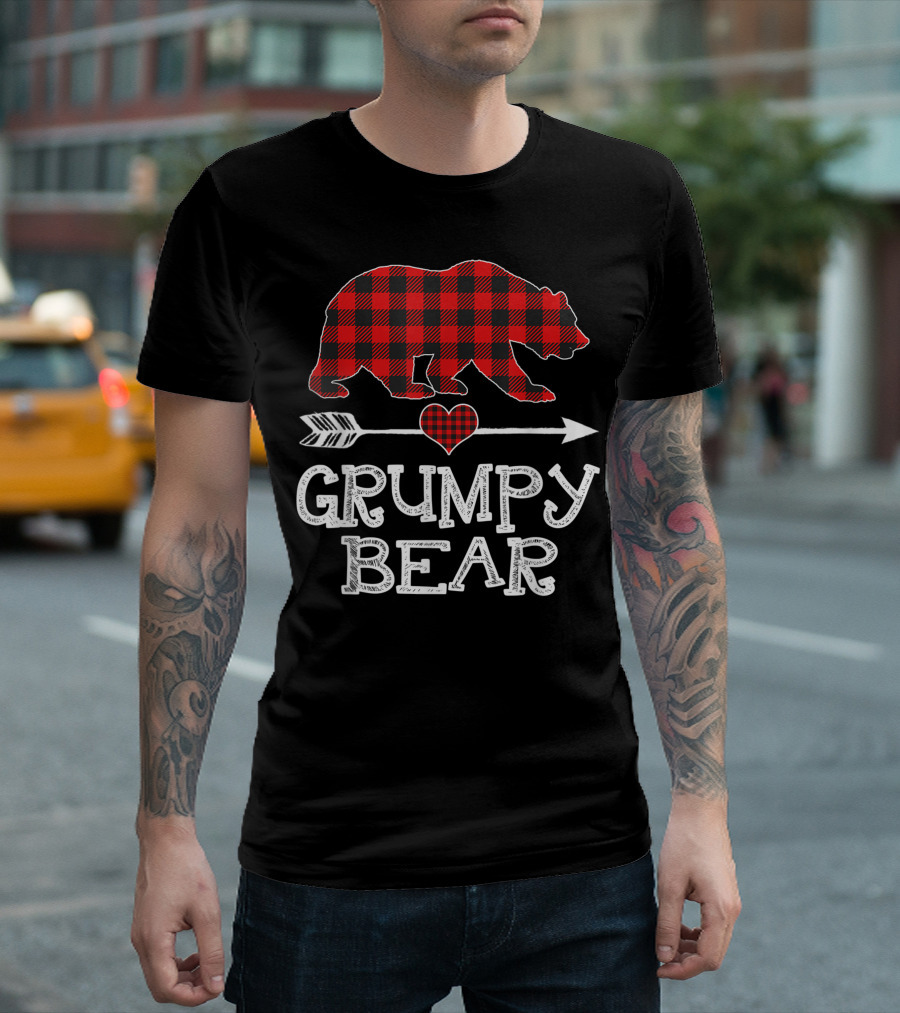 Grumpy Bear Red Plaid Buffalo Family Christmas Heart Arrow T-Shirt