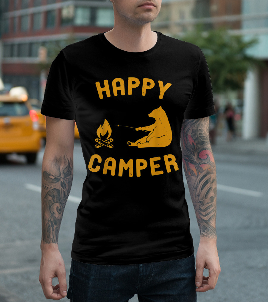 HAPPY CAMPER BEAR ROASTING MARSHMALLOW BY BONFIRE T-Shirt