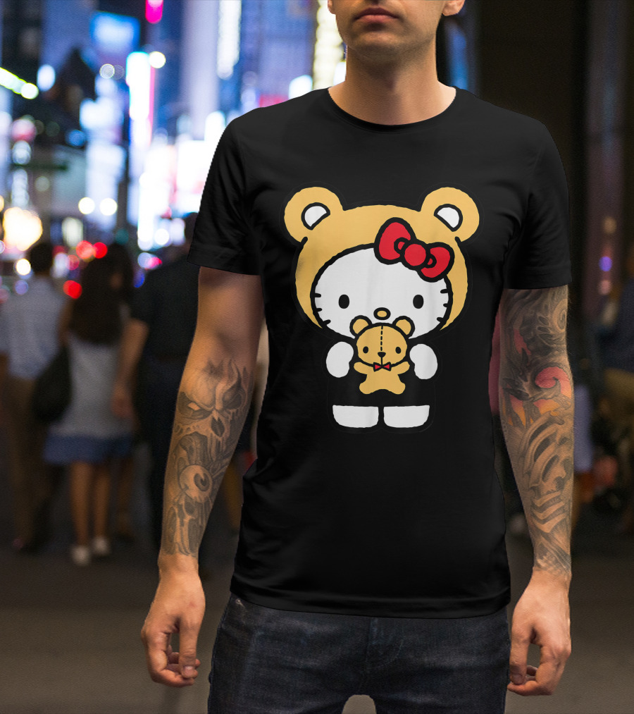 Hello Kitty In Teddy Bear Hood Holding Teddy Bear Plush T-Shirt