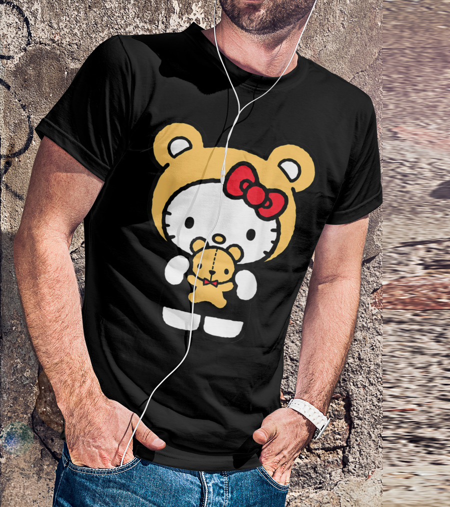 Hello Kitty In Teddy Bear Hood Holding Teddy Bear Plush T-Shirt