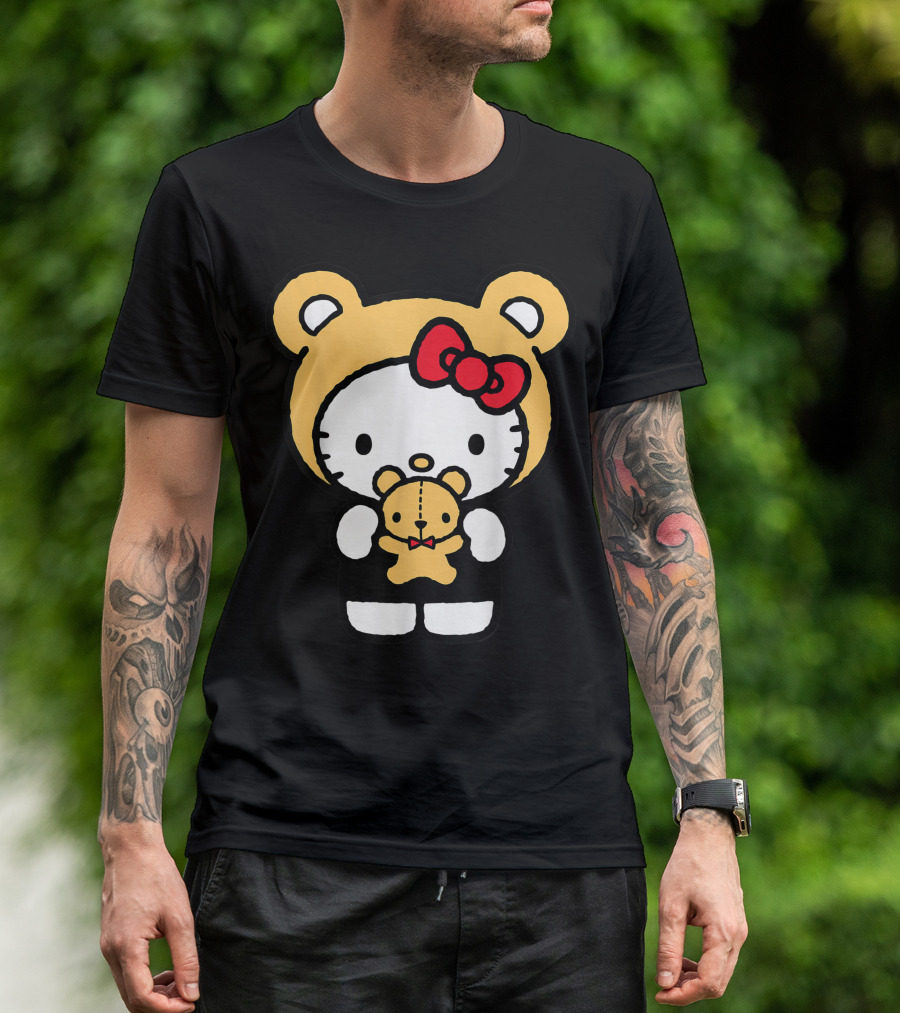 Hello Kitty In Teddy Bear Hood Holding Teddy Bear Plush T-Shirt