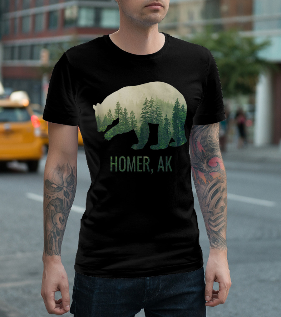 Homer Bear Silhouette with Tongass Forest Scene in Southeast Alaska T-Shirt
