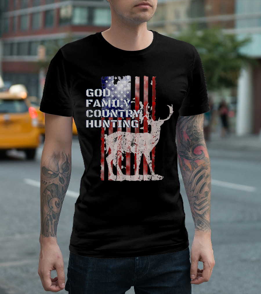 God Family Country Hunting Deer American Flag Patriotic T-Shirt