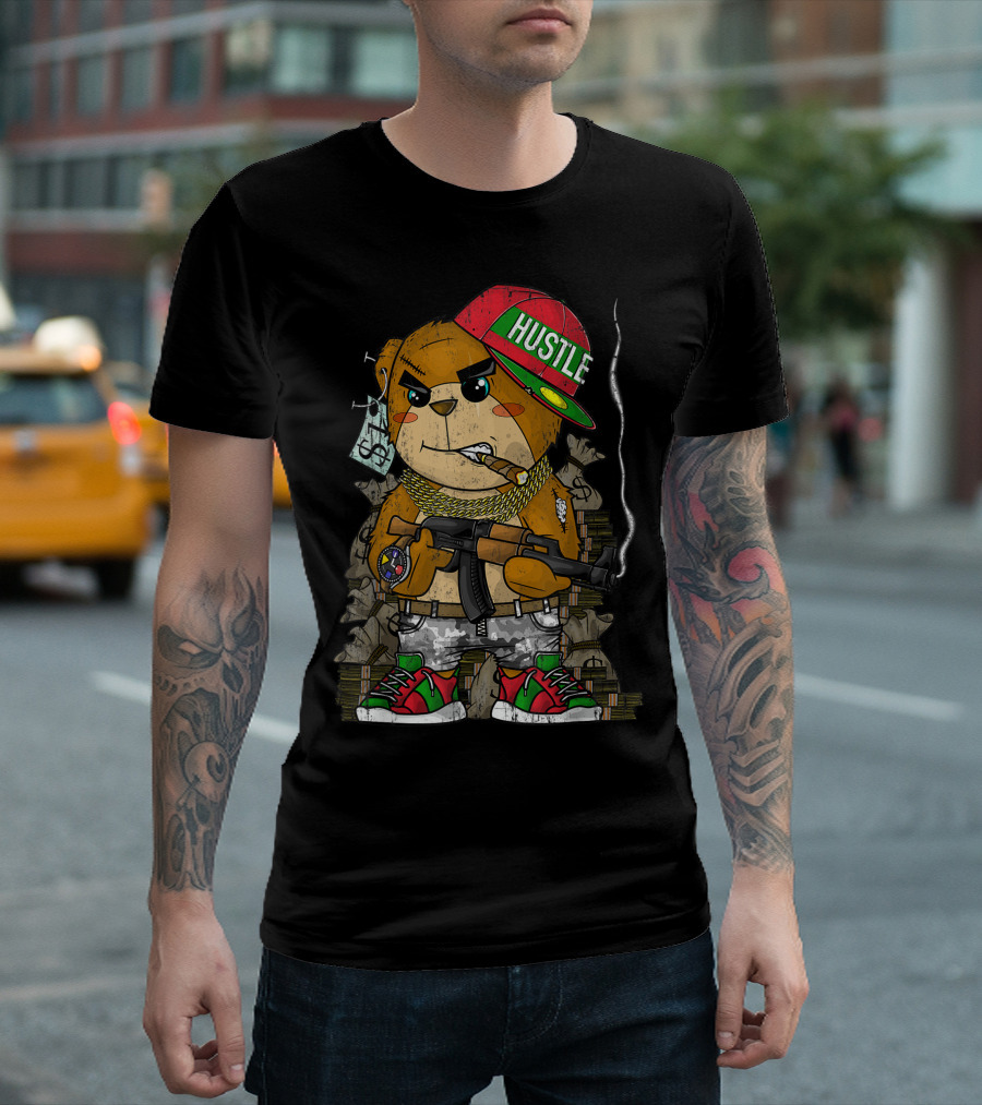 Hustle Hard Teddy Bear AK47 Entrepreneur Men Money Smoke Streetwear T-Shirt