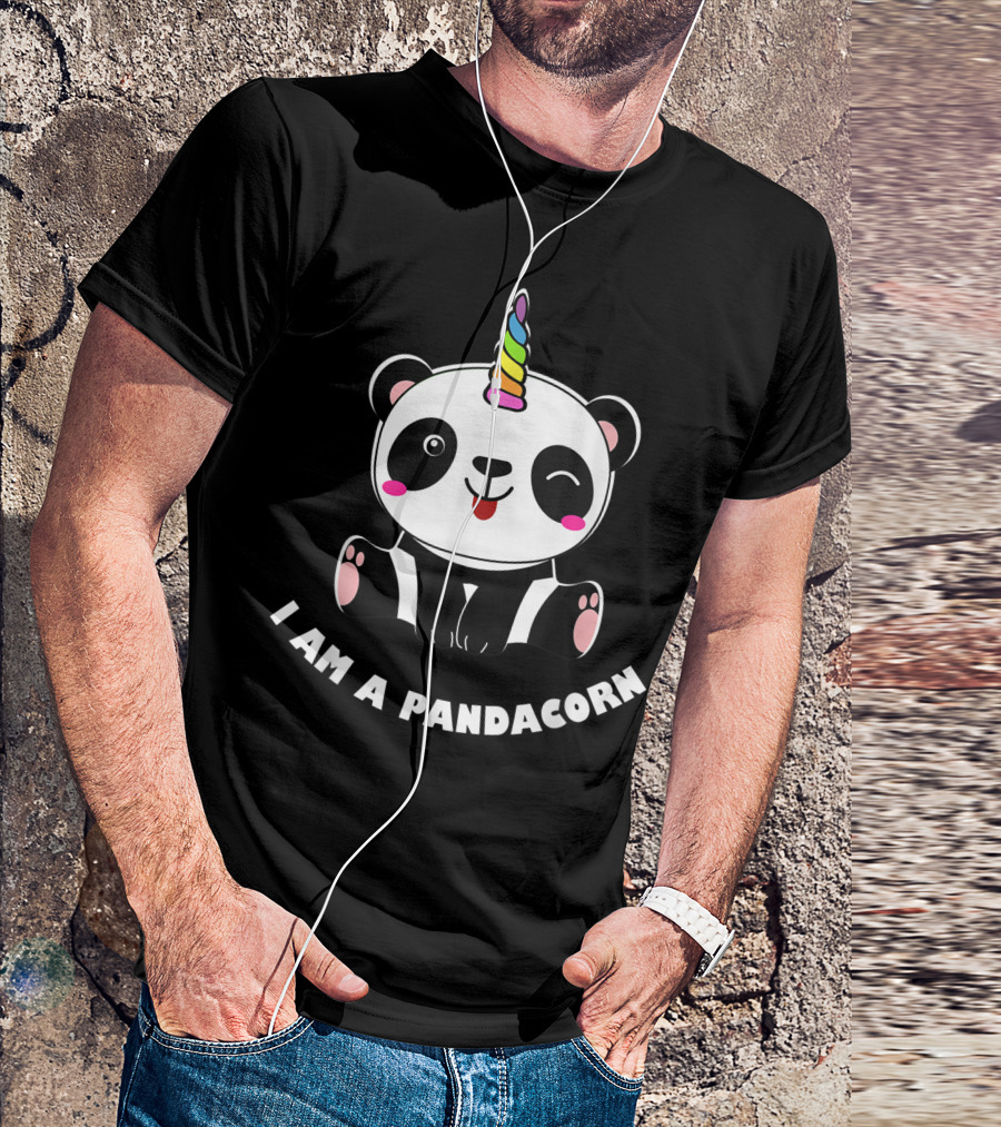 I Am A Pandacorn Cute Panda Lovers Rainbow Horn Winking Panda T-Shirt