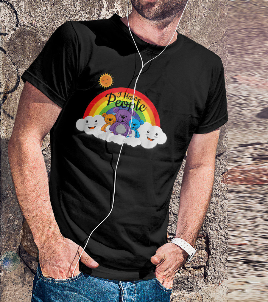 I Hate People Sarcastic Introvert Rainbow Bear With Happy Clouds And Sun T-Shirt