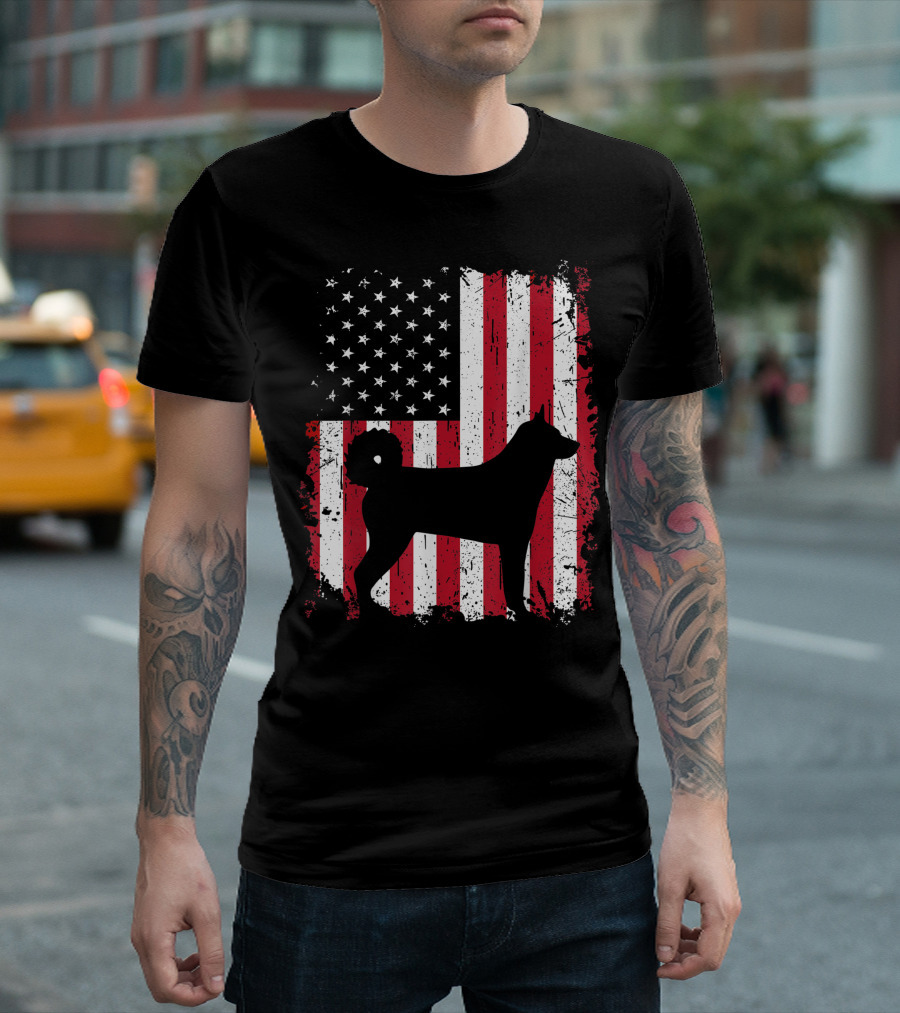 Karelian Bear Dog Silhouette Over American USA Flag 4th of July T-Shirt