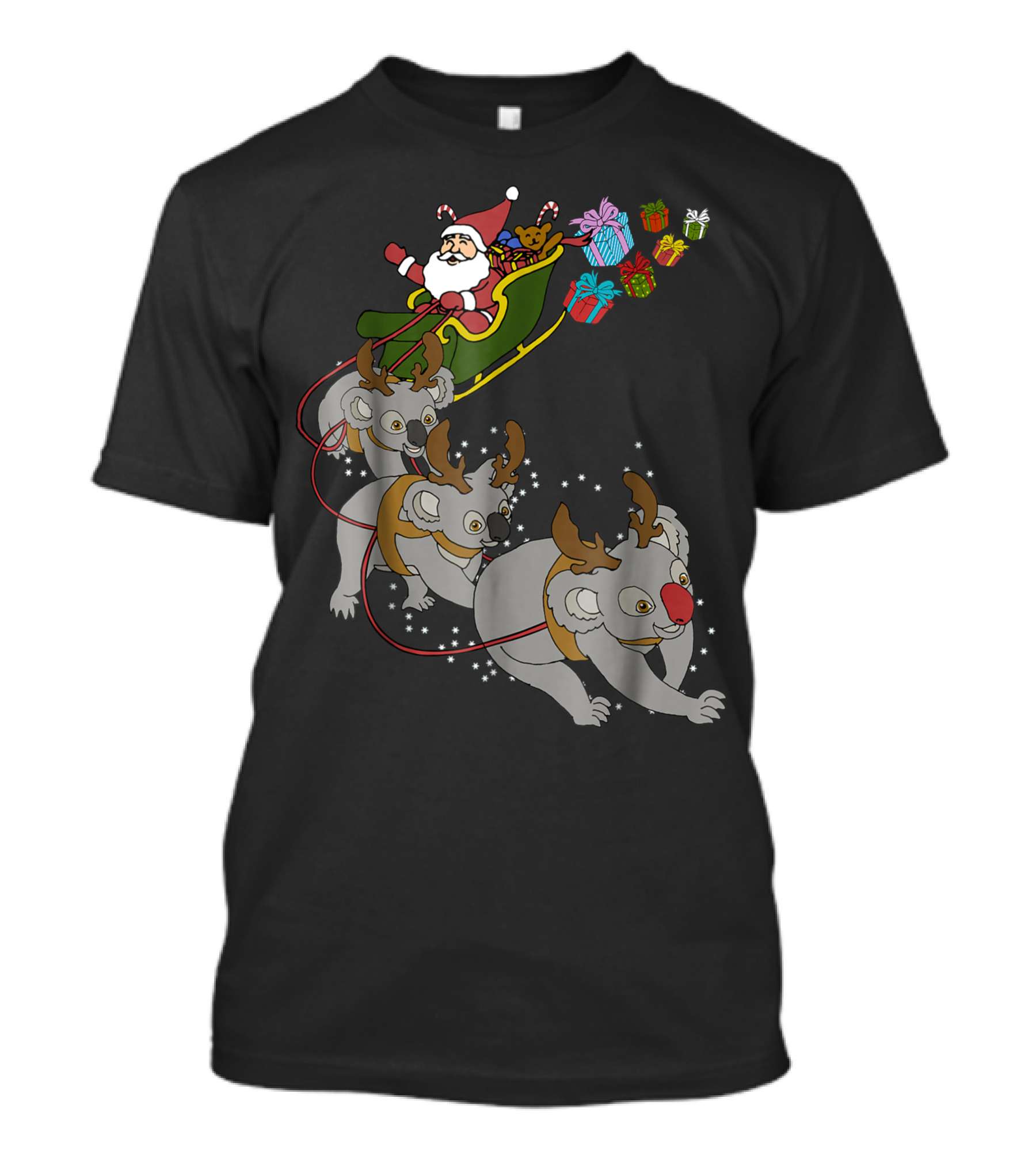 Santa Sleigh With Reindeer Koalas And Christmas Gifts T-Shirt