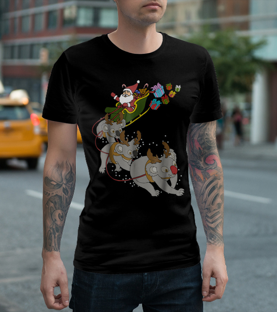 Santa Sleigh With Reindeer Koalas And Christmas Gifts T-Shirt