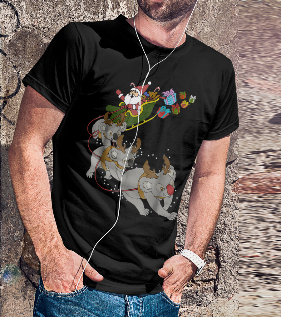 Santa Sleigh With Reindeer Koalas And Christmas Gifts T-Shirt