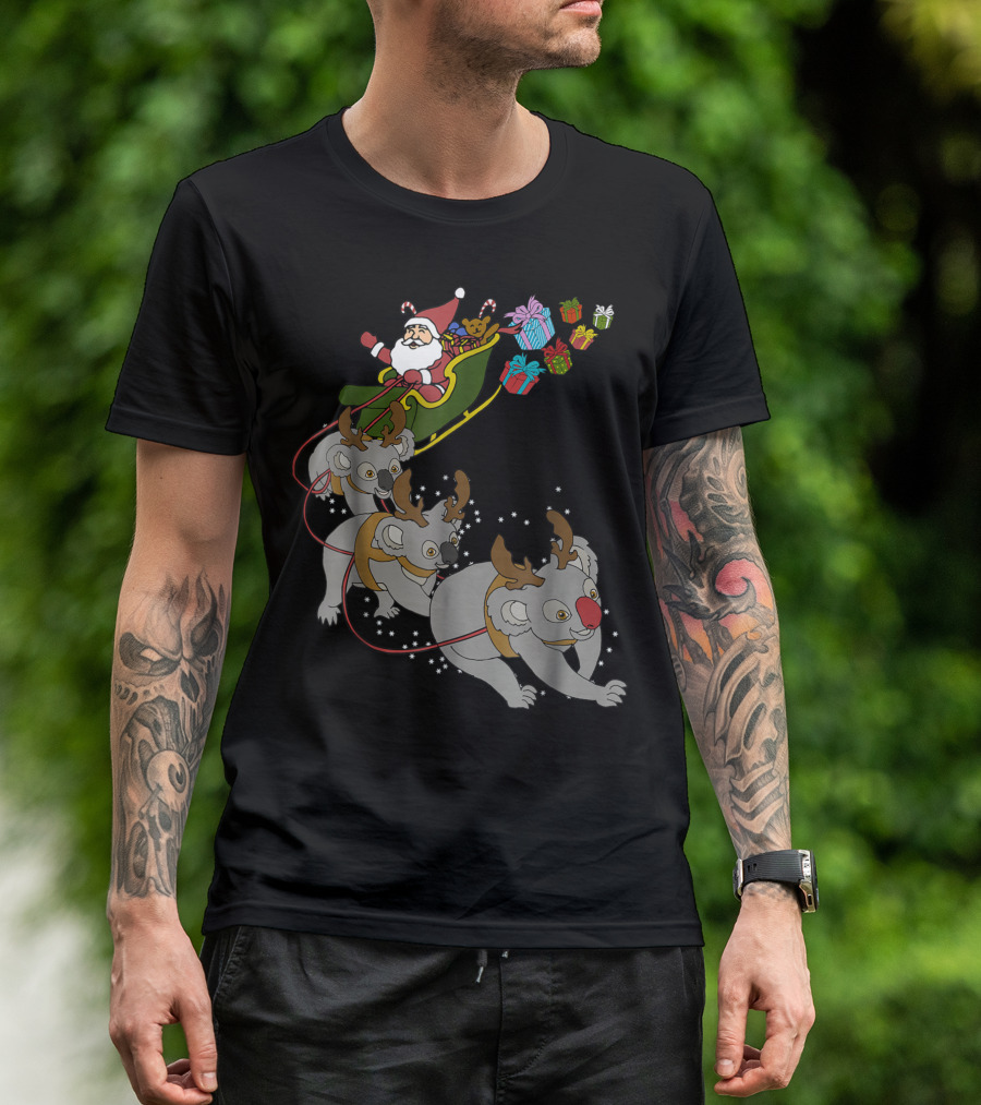 Santa Sleigh With Reindeer Koalas And Christmas Gifts T-Shirt