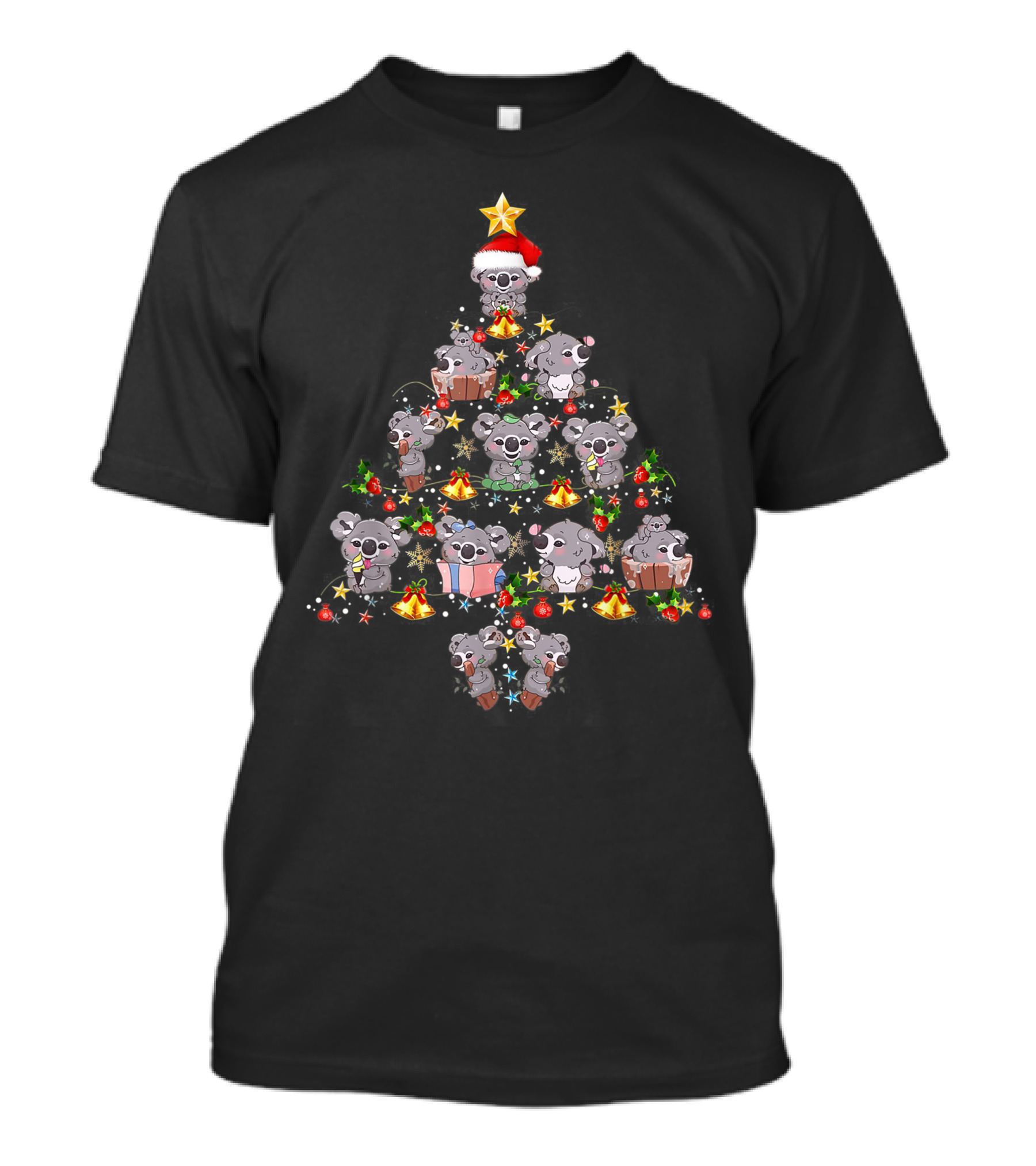 Koala Christmas Tree With Ornaments And Santa Hat T-Shirt
