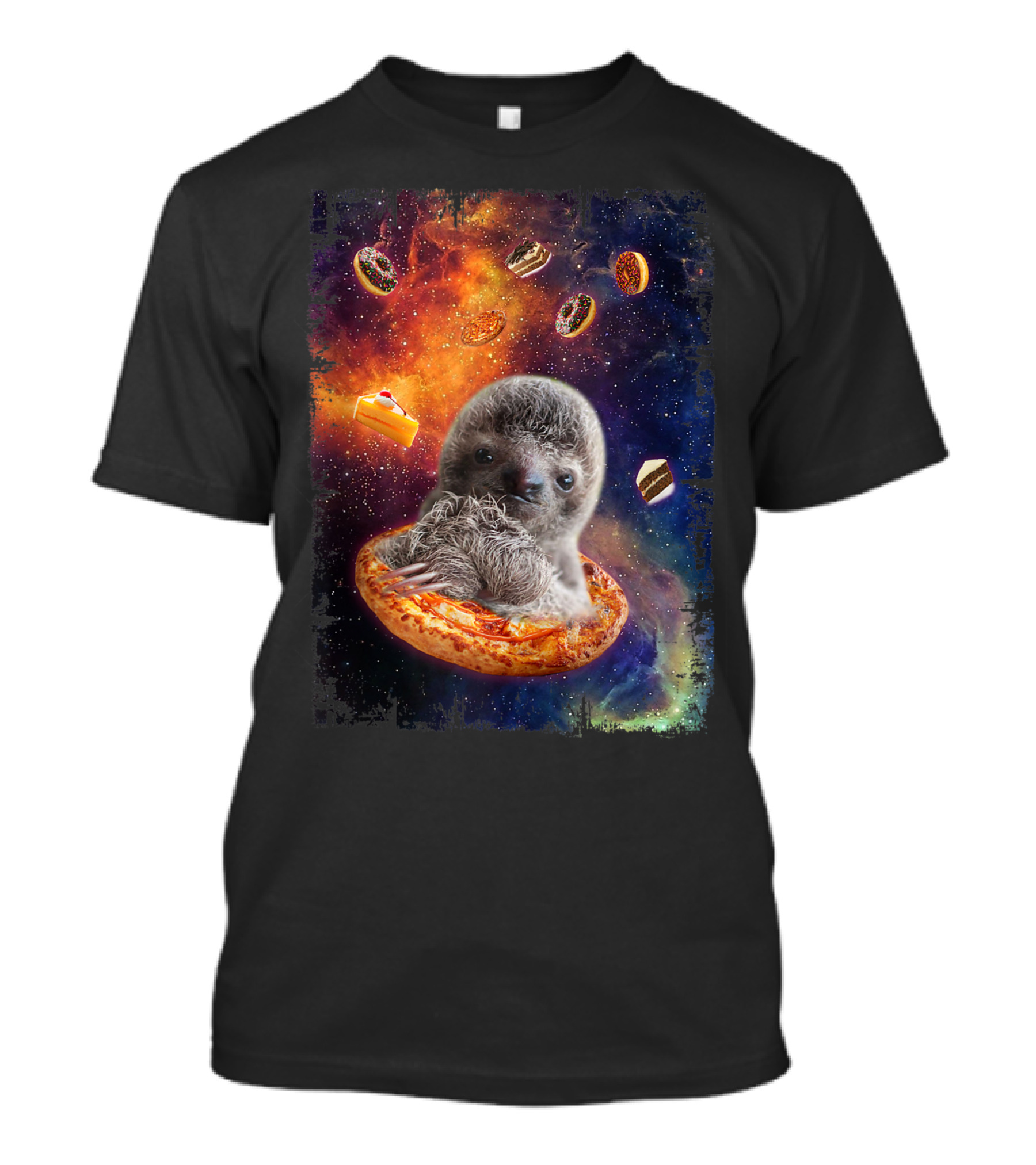 Lazy Sloth Bear Floating On Pizza In Space With Donuts And Cake T-Shirt