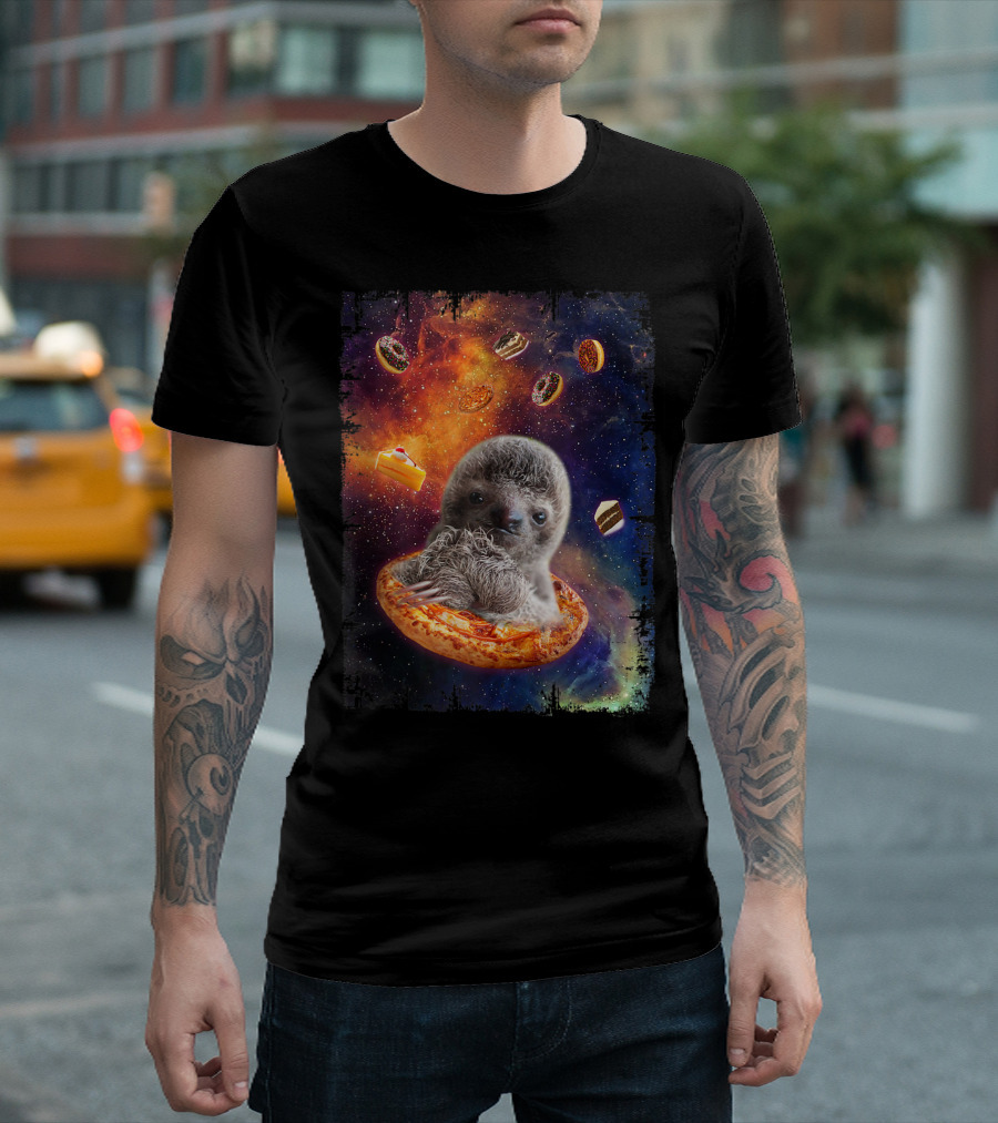 Lazy Sloth Bear Floating On Pizza In Space With Donuts And Cake T-Shirt