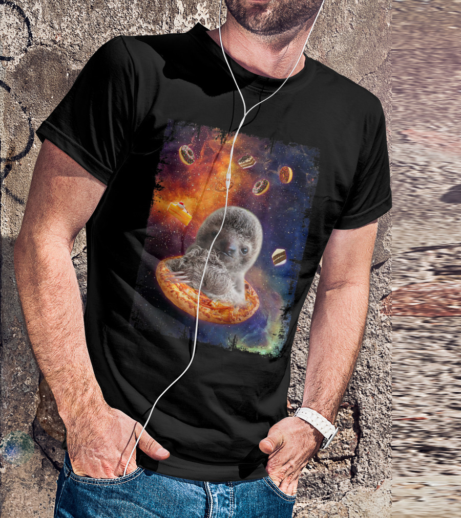 Lazy Sloth Bear Floating On Pizza In Space With Donuts And Cake T-Shirt