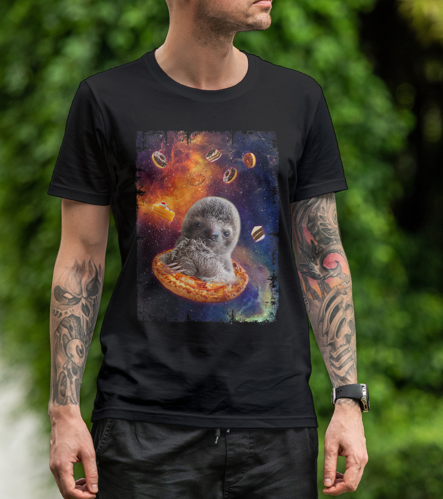 Lazy Sloth Bear Floating On Pizza In Space With Donuts And Cake T-Shirt