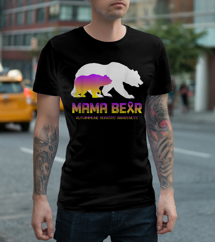 Mama Bear Autoimmune Hepatitis Awareness Ribbon Gradient Bear T-Shirt