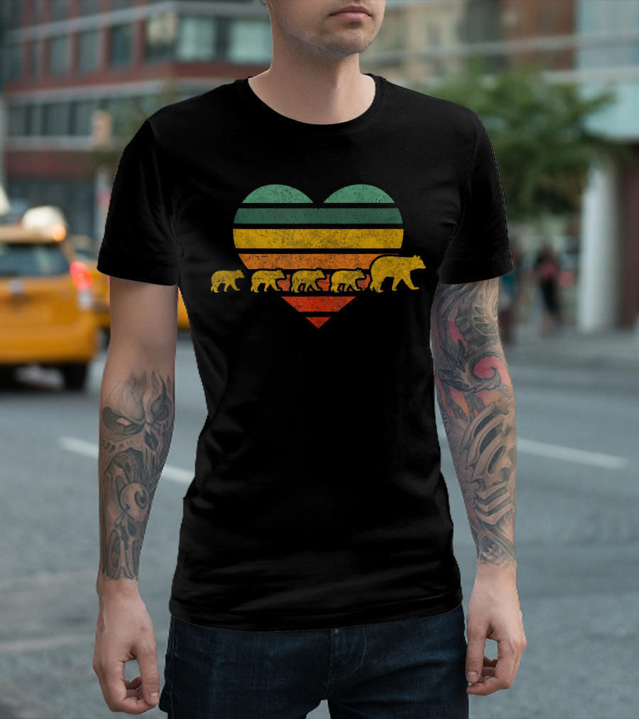 Mama Bear Four Cubs Heart Retro Stripes T-Shirt