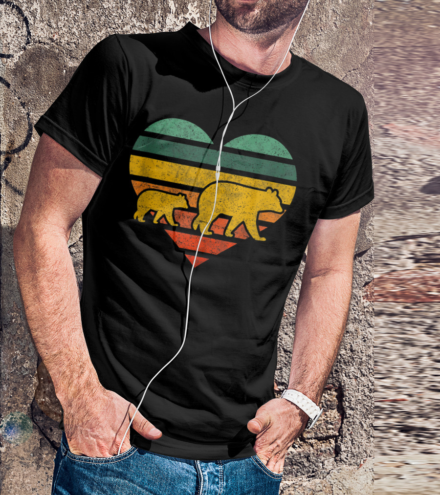 Mama Bear One Cub Retro Heart T-Shirt
