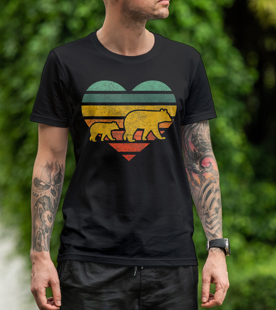 Mama Bear One Cub Retro Heart T-Shirt