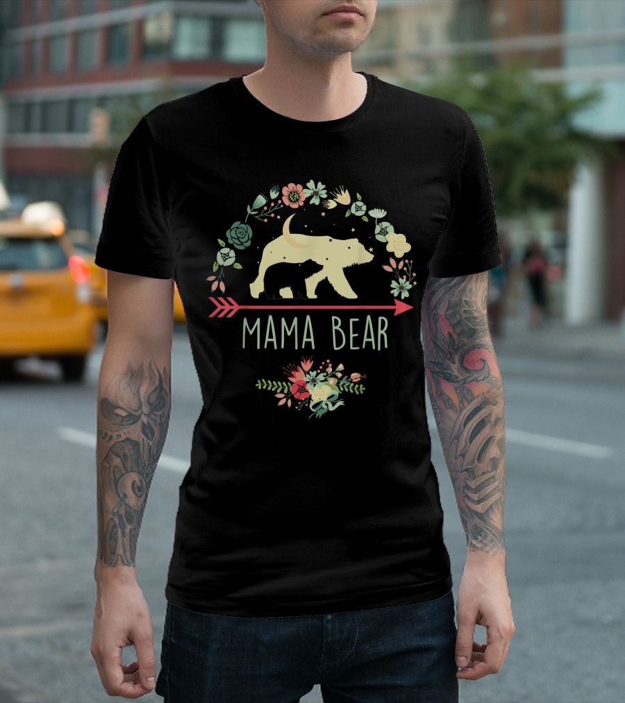 Mama Bear Floral Silhouette with Cub and Arrow T-Shirt