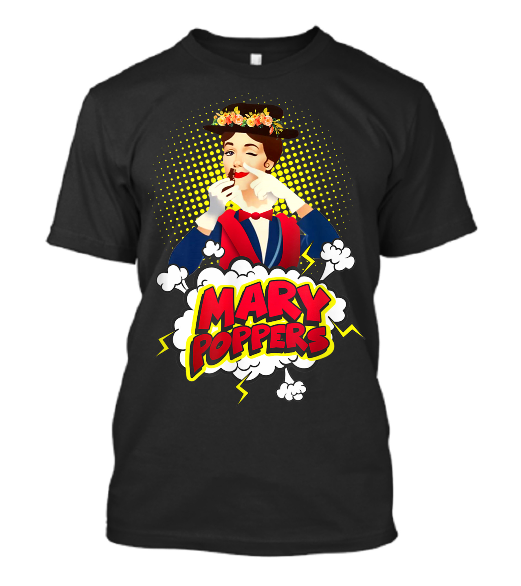 Mary Poppers Winking Floral Hat Comic Clouds T-Shirt