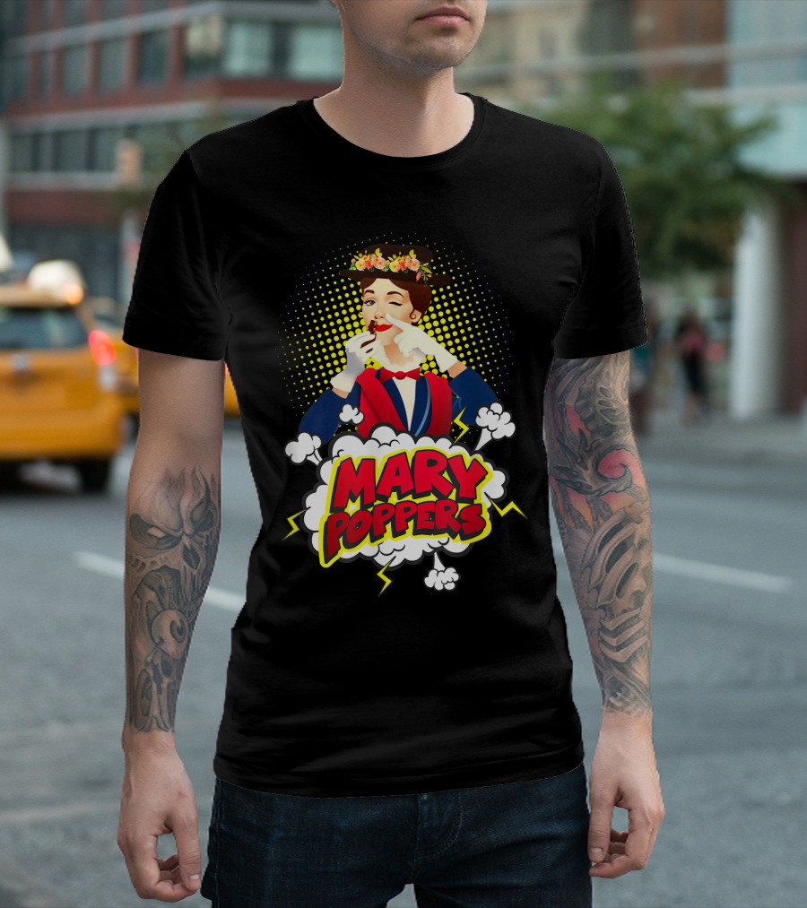Mary Poppers Winking Floral Hat Comic Clouds T-Shirt
