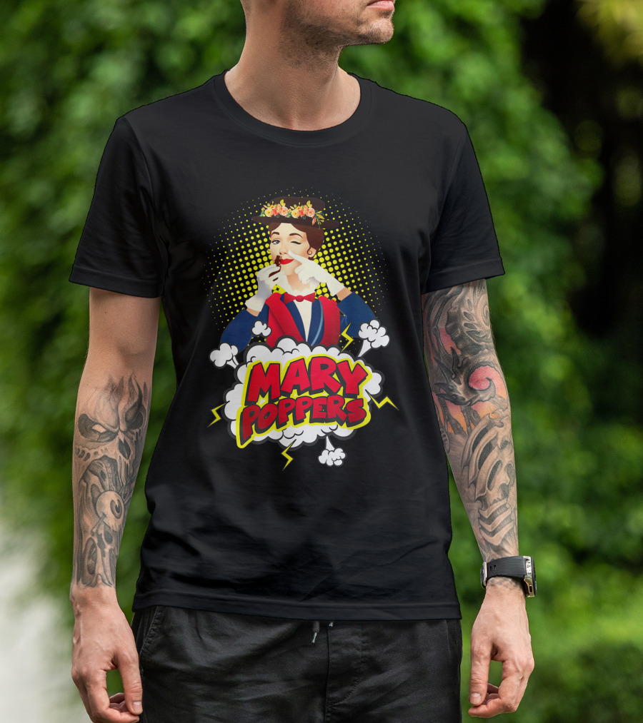 Mary Poppers Winking Floral Hat Comic Clouds T-Shirt