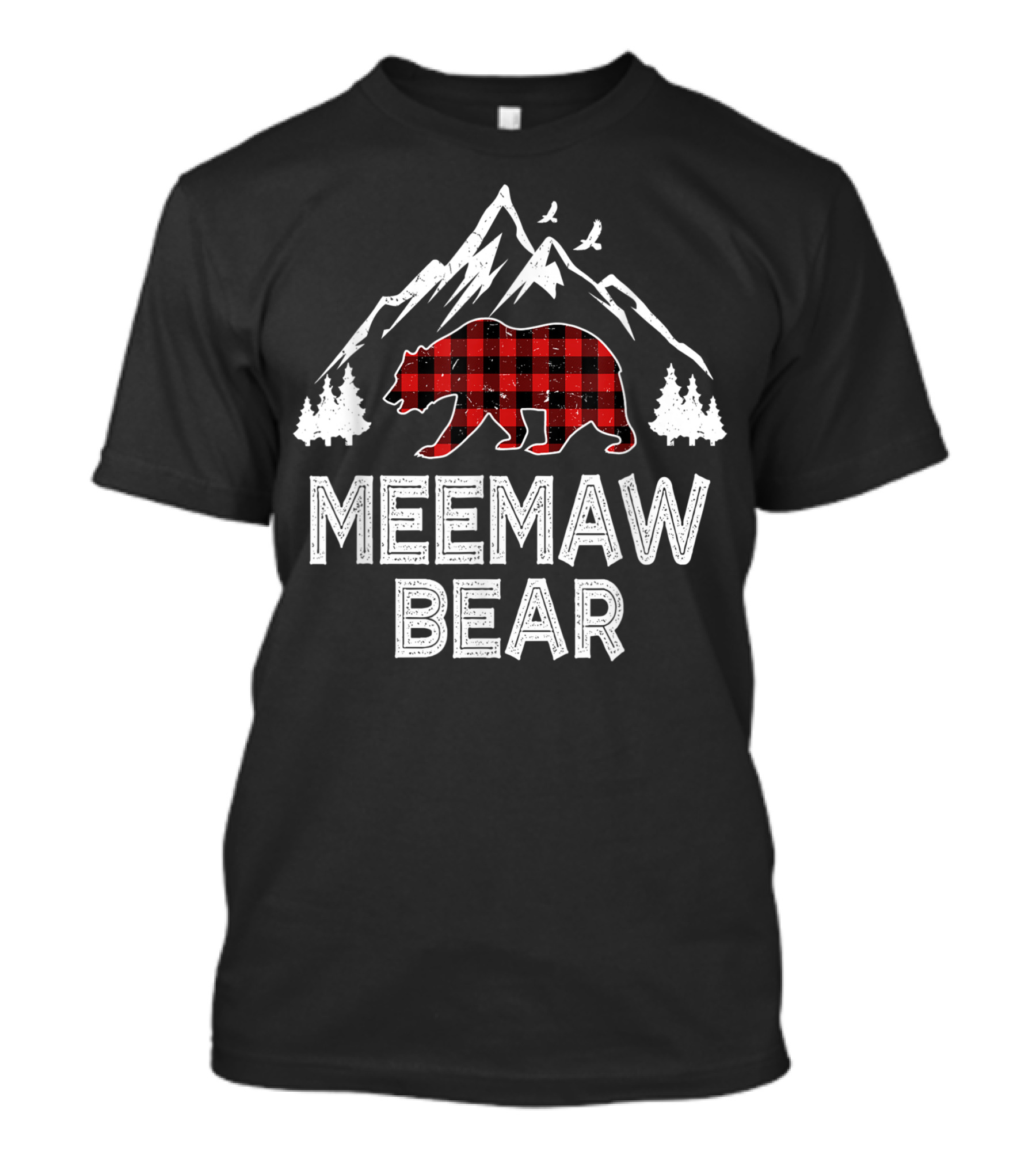 Meemaw Bear Christmas Red Plaid Buffalo Family Mountain Trees T-Shirt