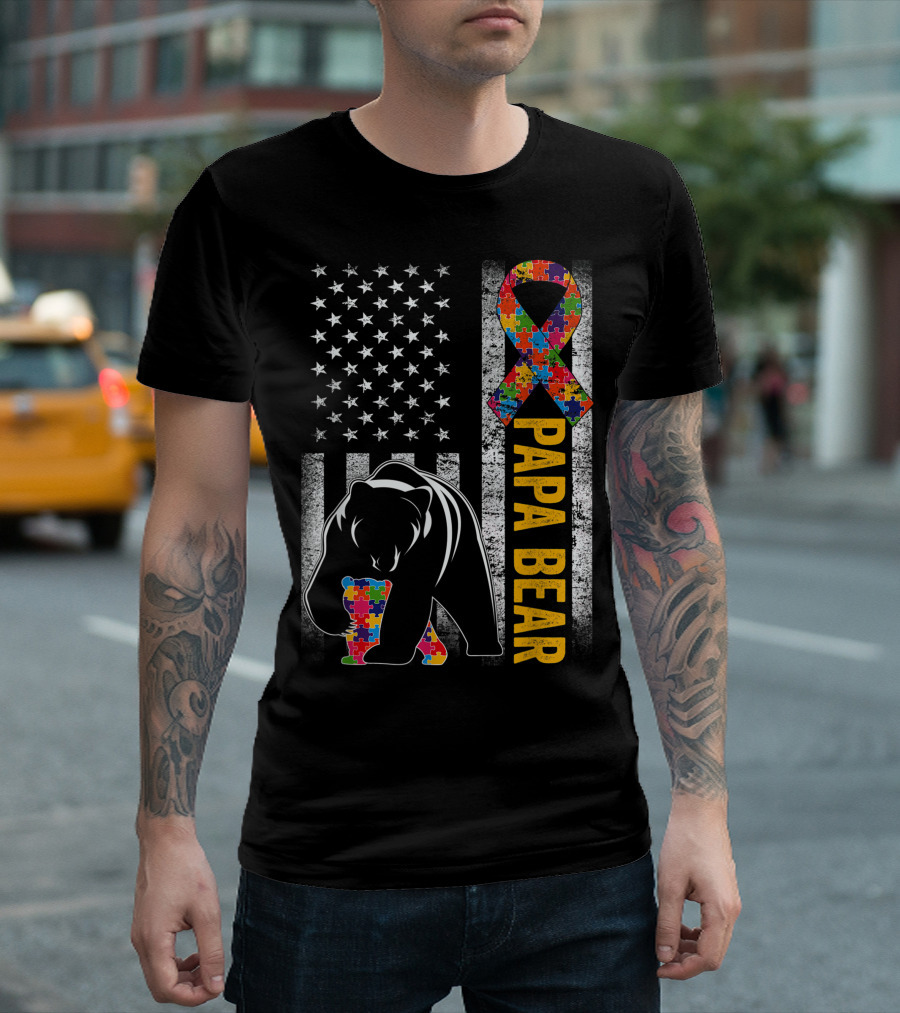 Mens Papa Bear Autism Dad American Flag Puzzle T-Shirt