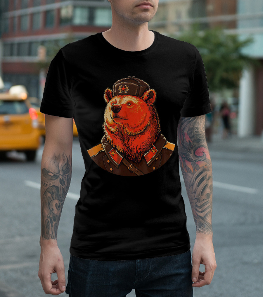 Bear In Soviet Uniform With Red Star Communist USSR Motif T-Shirt