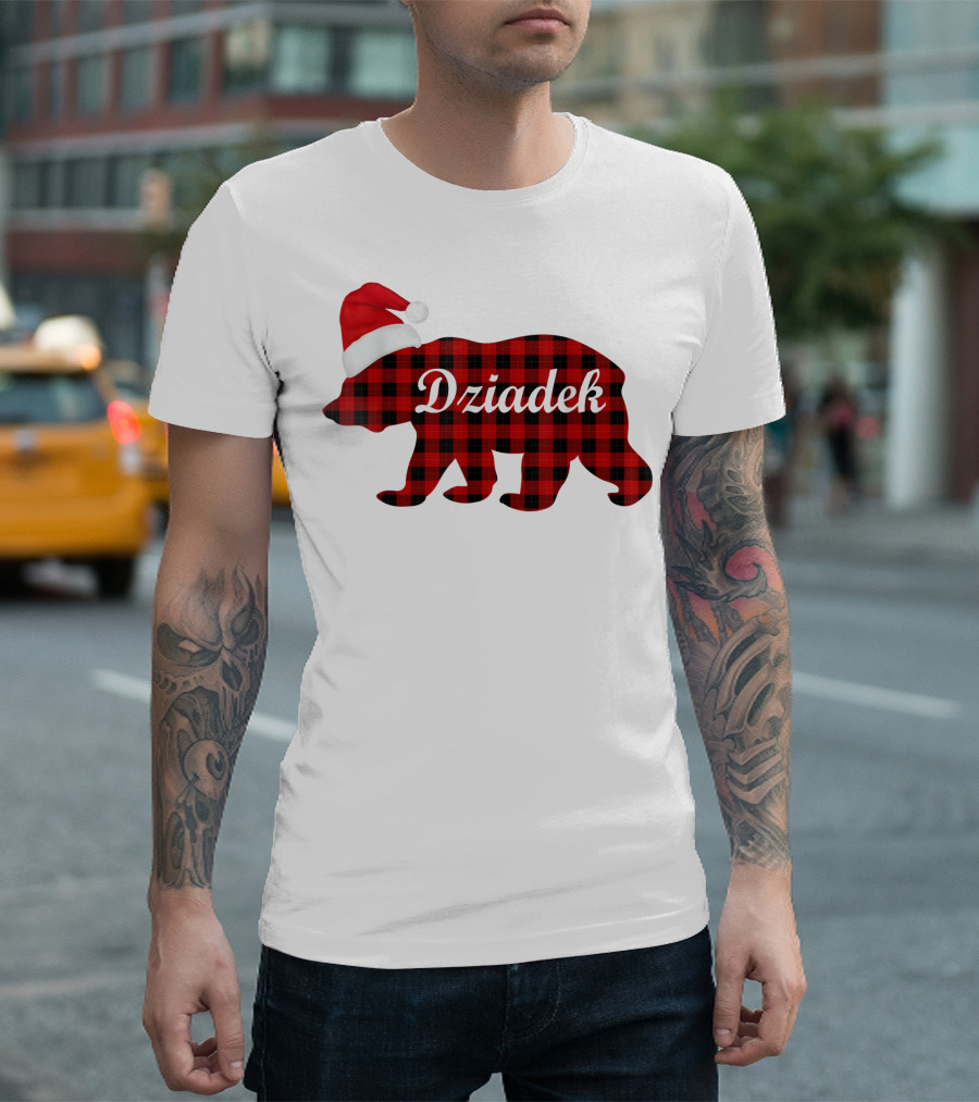 Dziadek Christmas Plaid Bear with Santa Hat T-Shirt