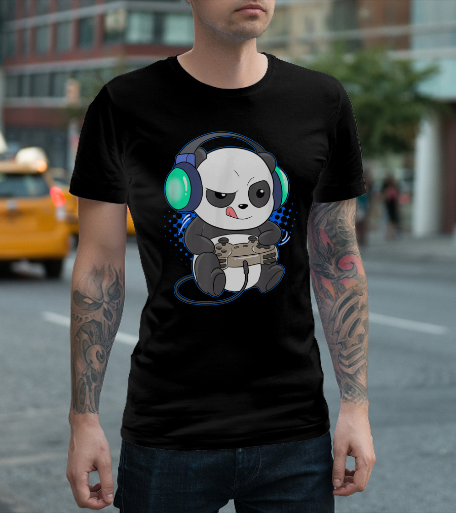 Mens Cute Gaming Panda Headphones Controller Video Game Player T-Shirt