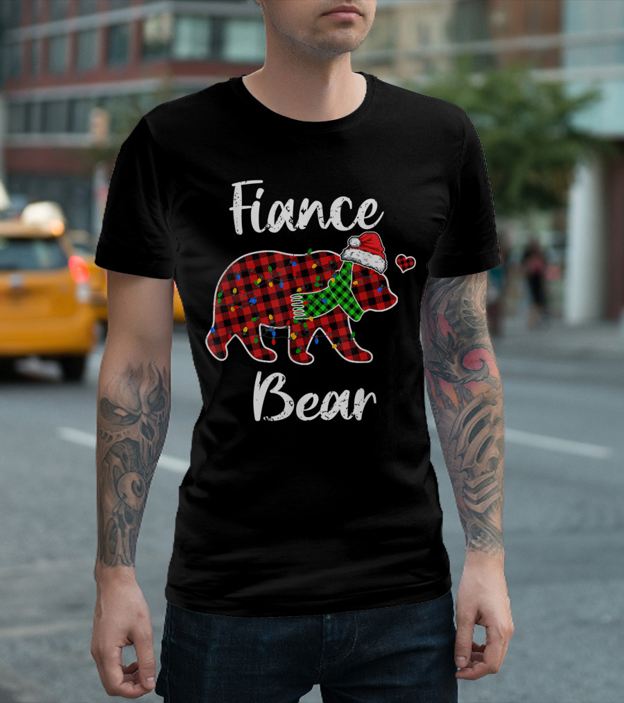 Fiance Bear Red Plaid Christmas Lights Santa Hat Scarf T-Shirt