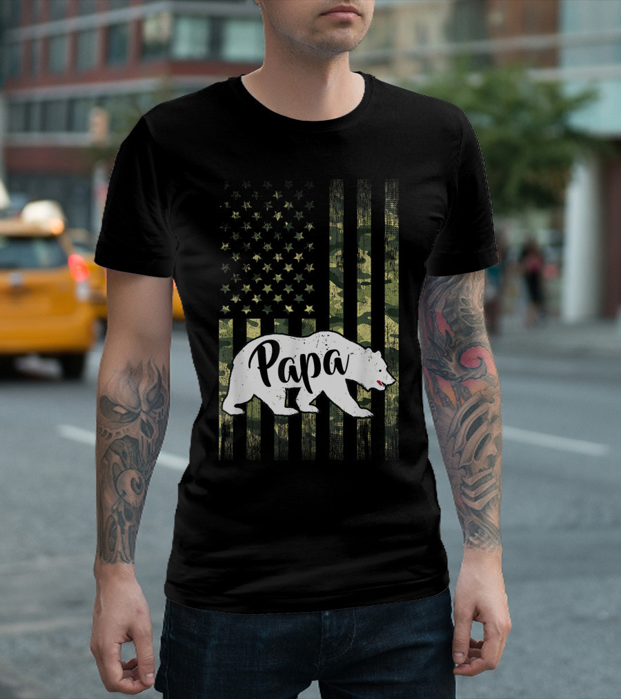 Papa Bear Camouflage American Flag T-Shirt
