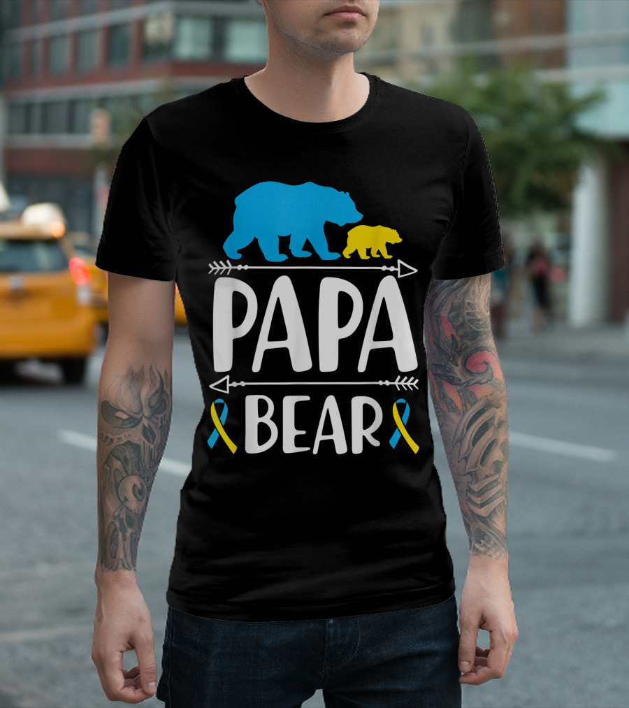Papa Bear Down Syndrome Awareness Proud Dad Blue Yellow Ribbons T-Shirt