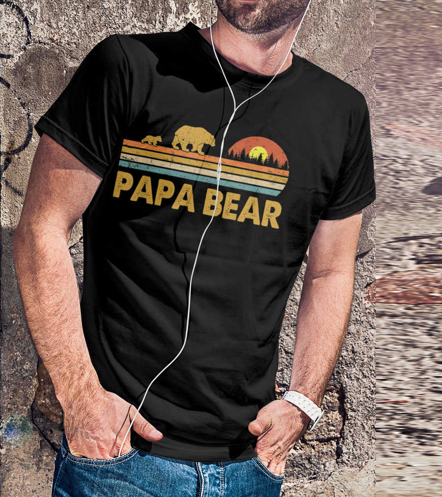Papa Bear Vintage Daddy Wildling Dad Retro Sunset Bear Family T-Shirt