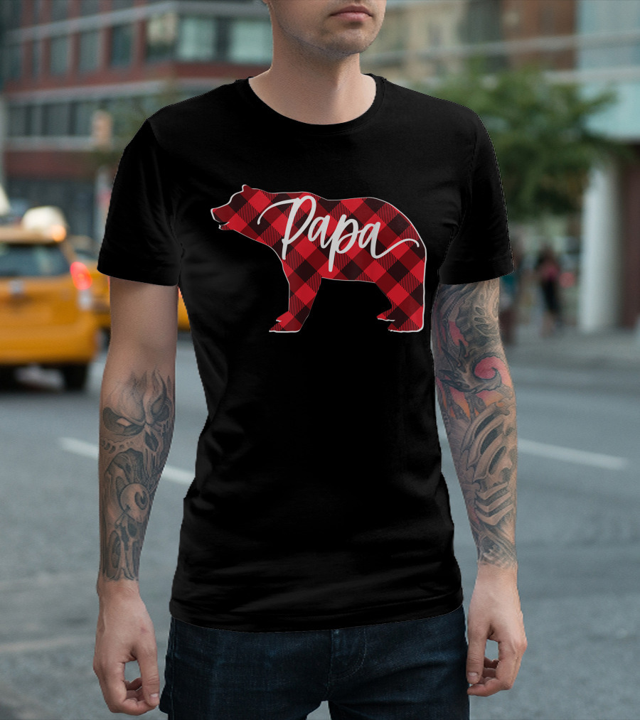 Mens Buffalo Plaid Papa Bear Red T-Shirt