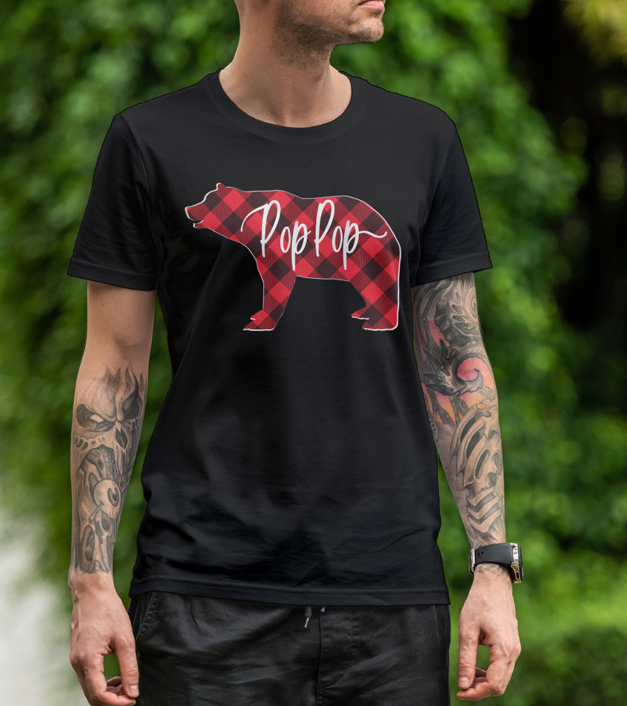 Pop Pop Bear Mens Red Buffalo Plaid T-Shirt